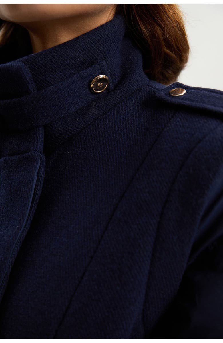 Karen Millen Wool High Neck Puffer Belted Midi Coat, Alternate, color, Navy