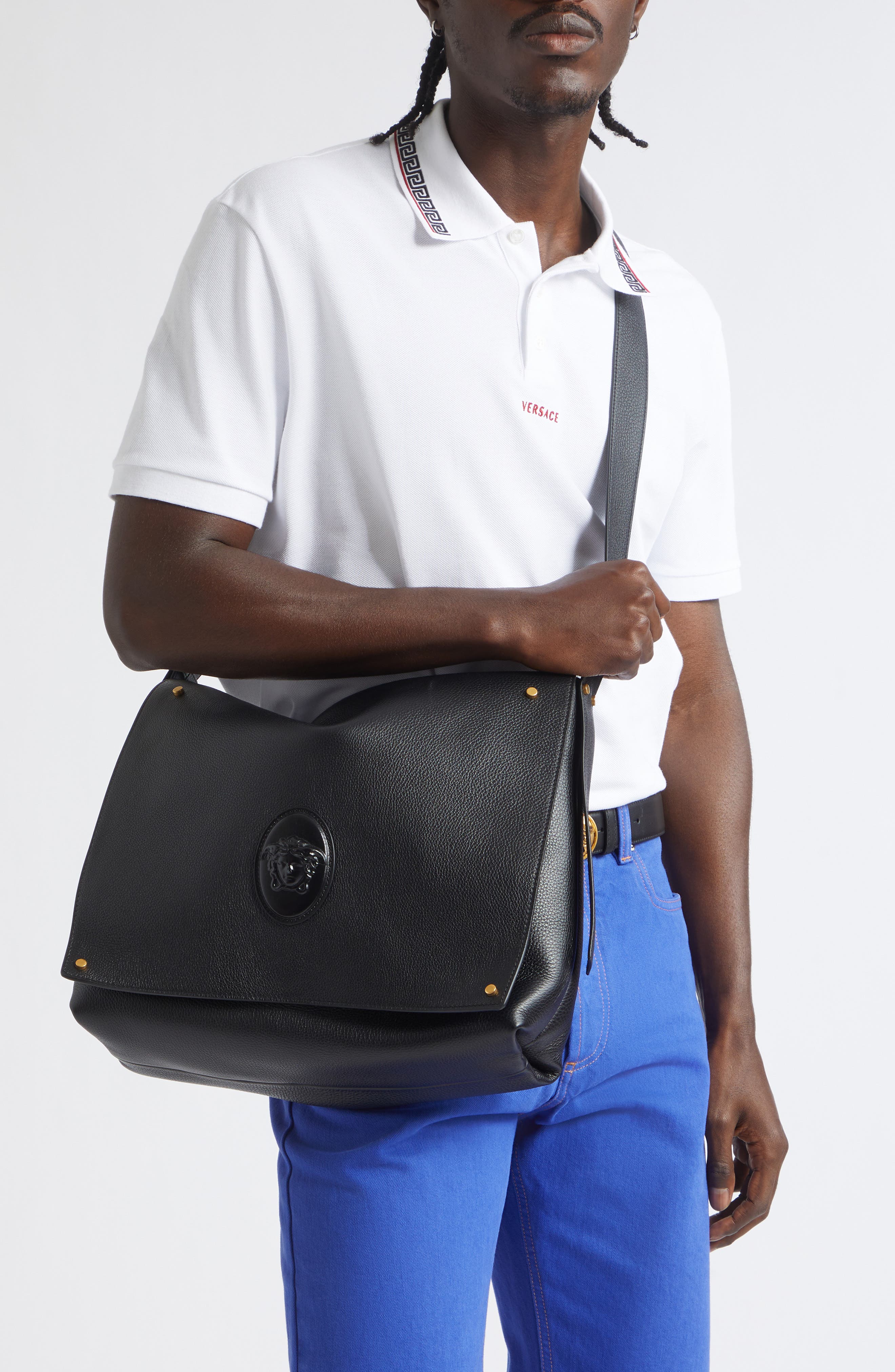 Leather Messenger Bag, Alternate, color, BLACK GOLD 82