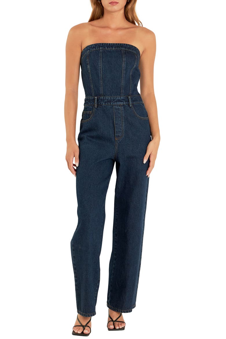 Strapless Corset Denim Jumpsuit, Main, color, NAVY