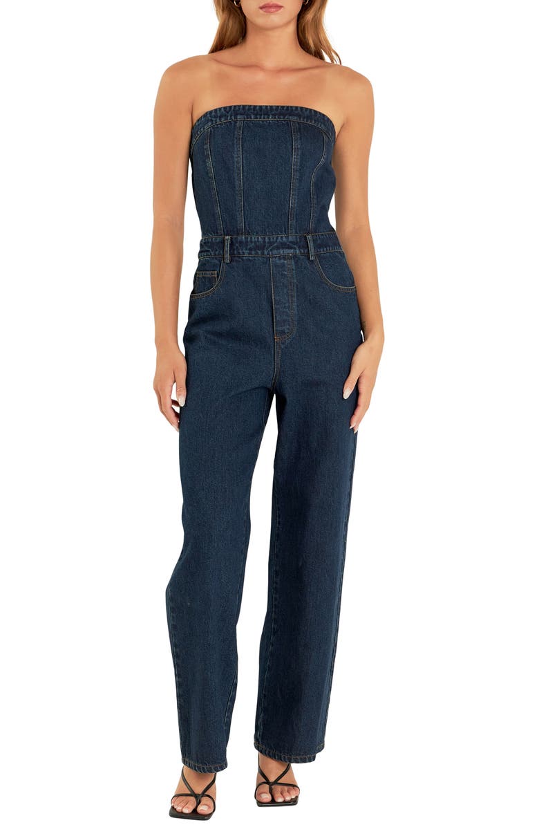 Grey Lab Strapless Corset Denim Jumpsuit, Main, color, Navy