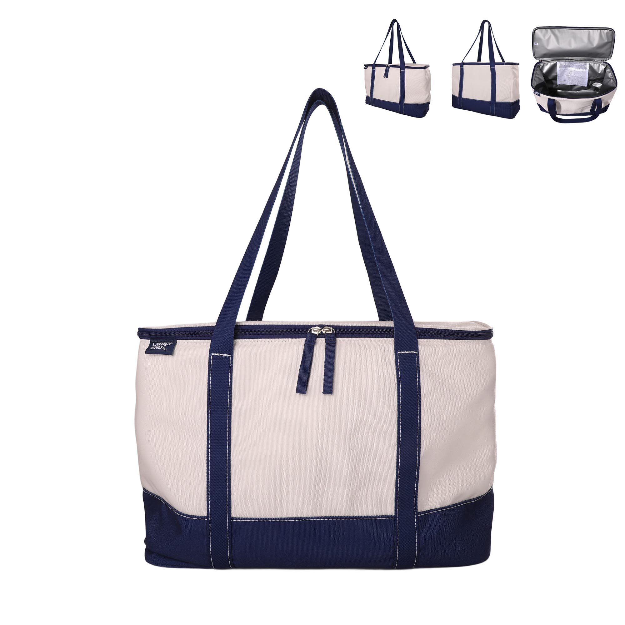 Lands' End Rectangular Large Cooler Bag Insulated 8 Gal, Canvas Soft Cooler with Tote Handles and Zip Closure, Main, color, Navy