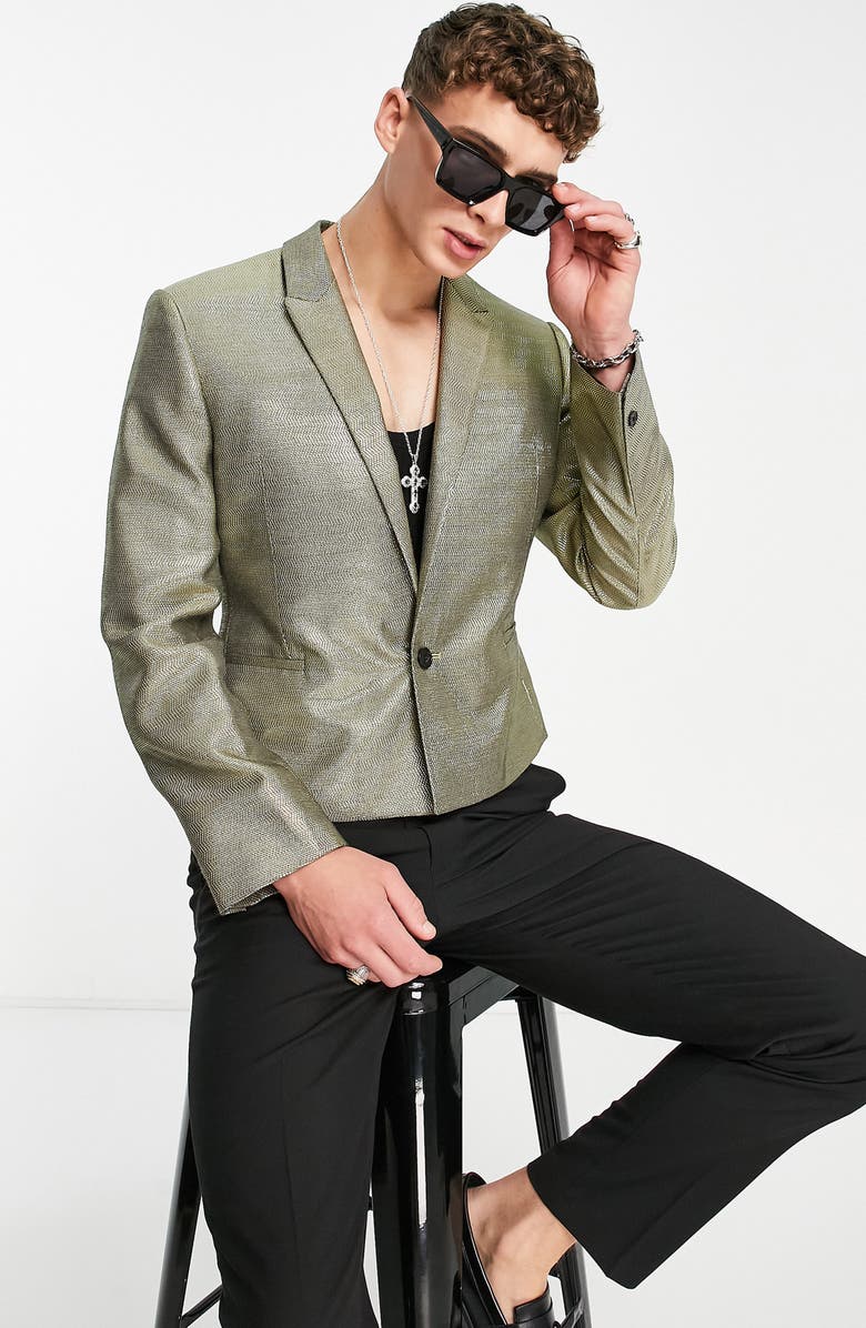 ASOS DESIGN Metallic Textured Crop Single-Button Blazer, Main, color, 