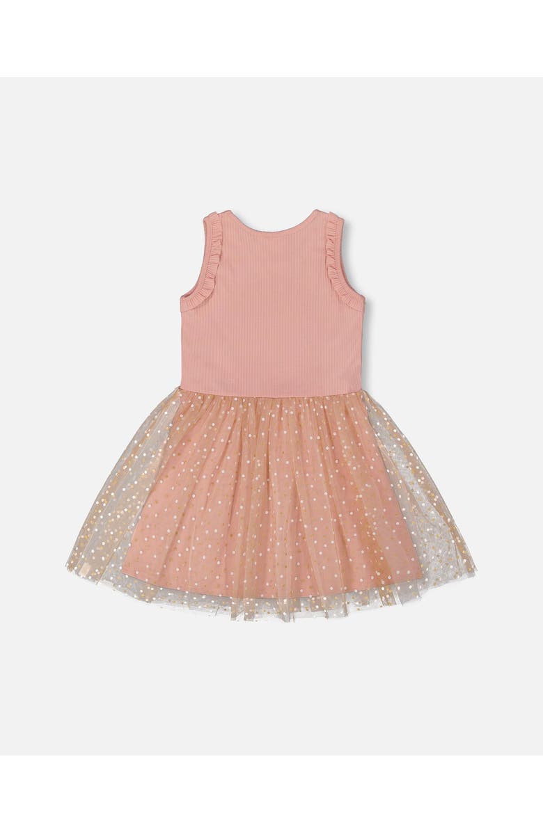 Deux par Deux Little Girl's Bi-Material Dress With Printed Dots On Mesh Skirt Warm Old Pink, Alternate, color,