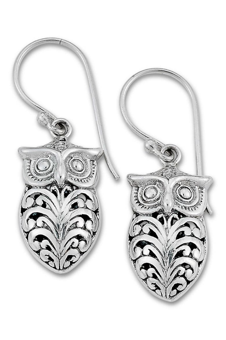Sterling Silver Owl Drop Earrings, Main, color, SILVER