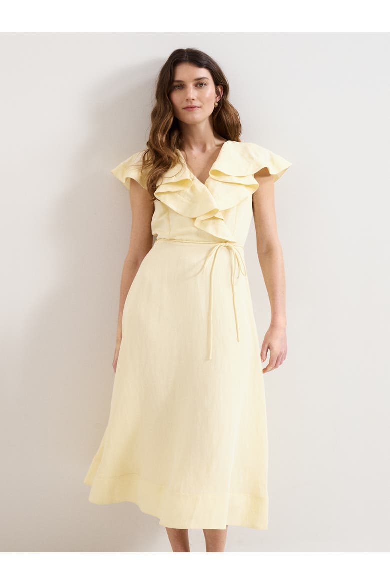 Matilda Ruffle Linen Midi Dress, Main, color, Pale Yellow