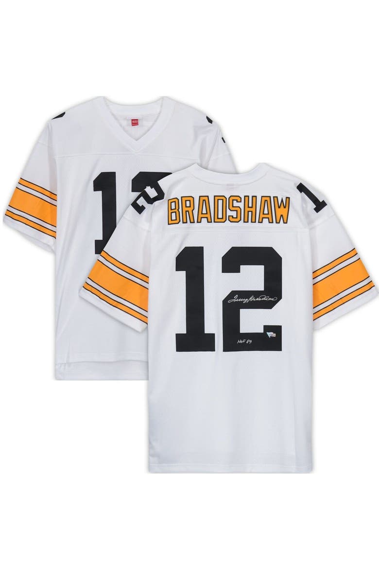 Terry Bradshaw Pittsburgh Steelers Autographed White Mitchell & Ness Replica Jersey with "HOF 89" Inscription, Main, color, White