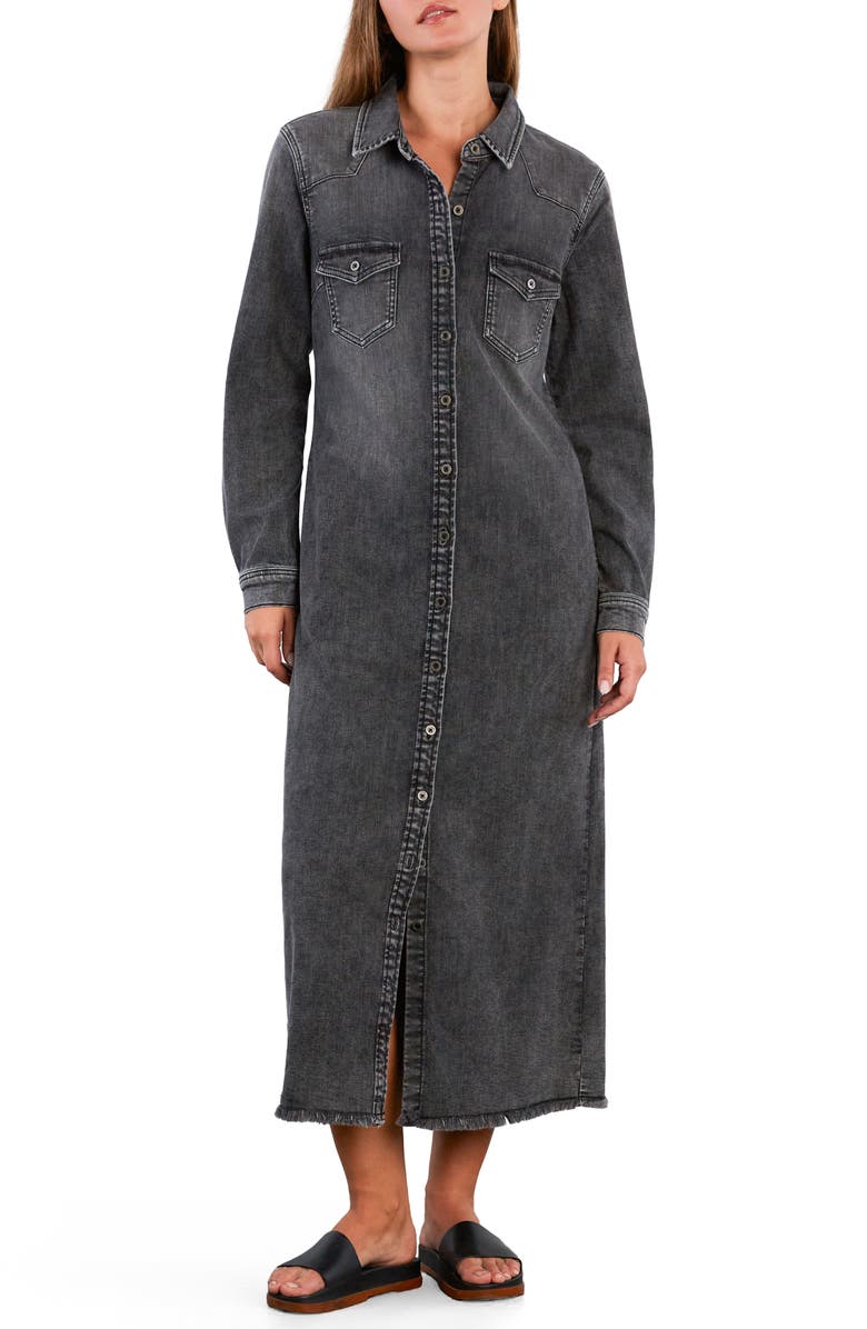 Wash Lab Denim Long Sleeve Denim Maxi Shirtdress, Main, color, Dark Cement