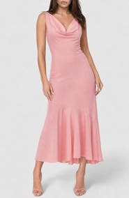 bebe Cowl Neck Sleeveless Satin Midi Dress
