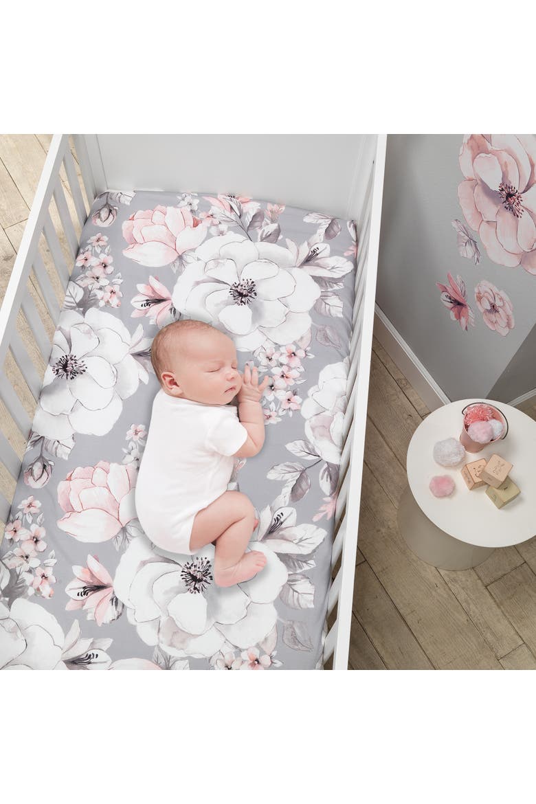 Signature Botanical Baby Watercolor Floral Cotton Crib Sheet, Alternate, color, Gray