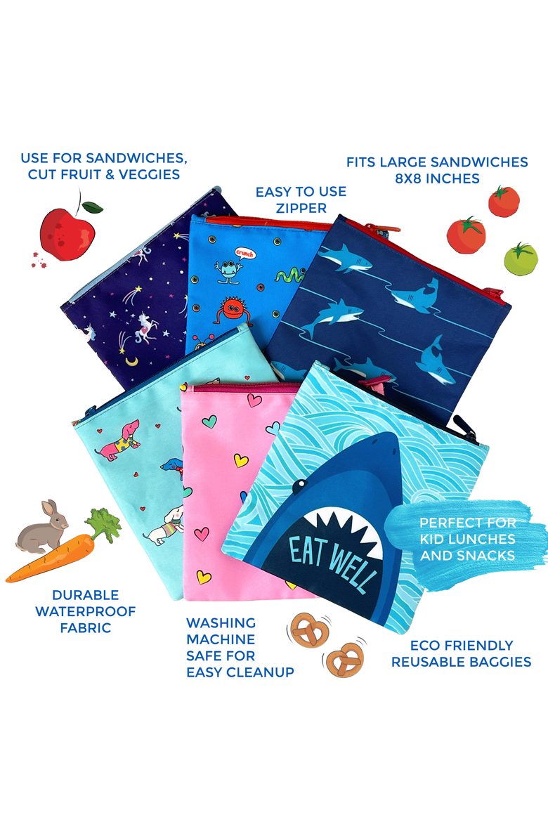 Reusable Sandwich Bags - Insulated, Washable, Eco-Friendly Fabric Pouches for Snacks, Wraps & Lunches, Alternate, color, Shark and Funny Monsters