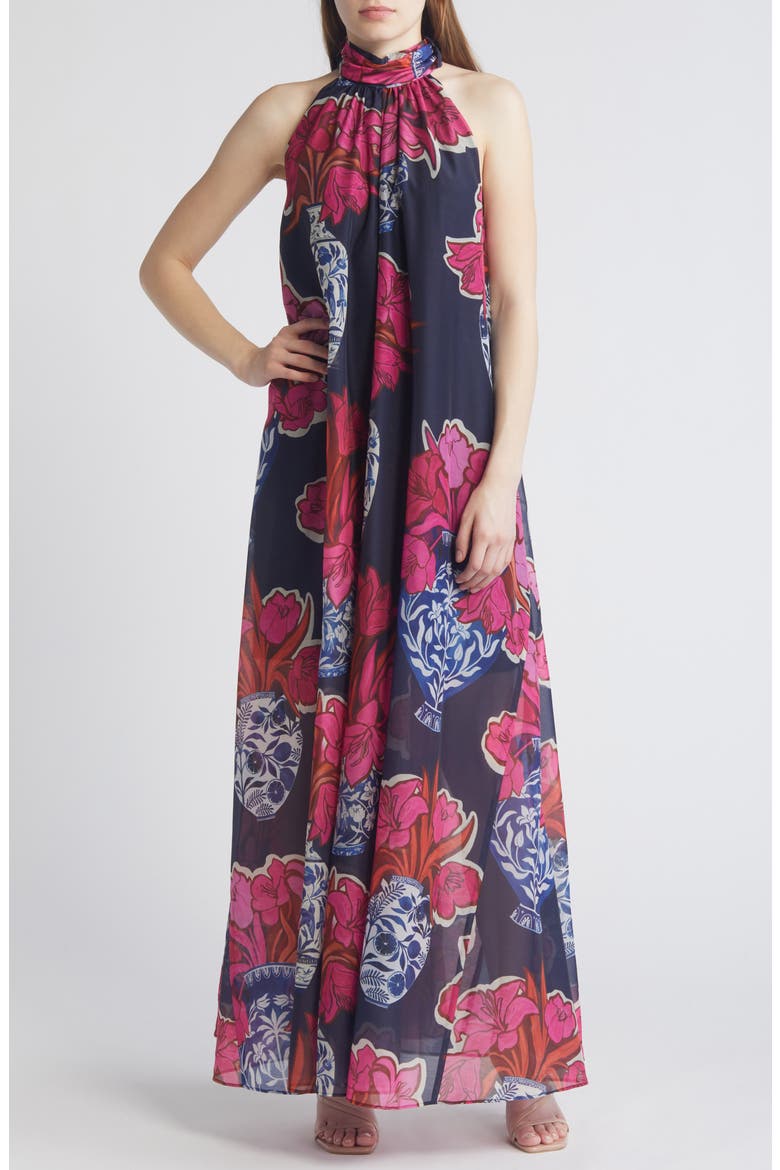 Kinosei Floral Organza Maxi Dress, Main, color, DARK BLUE