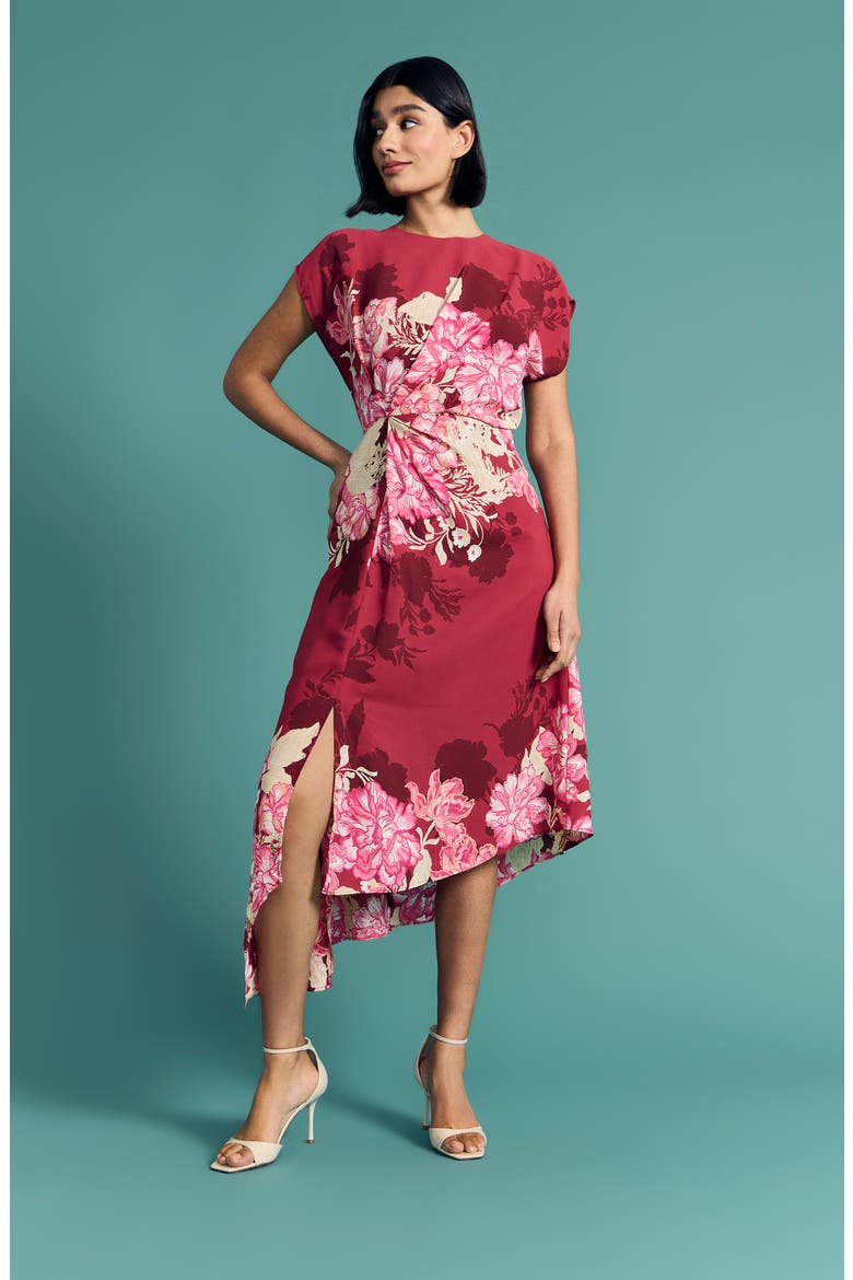 Floral Print Asymmetric Midi Dress, Alternate, color, ROSE BUD/ PINK CARNATION
