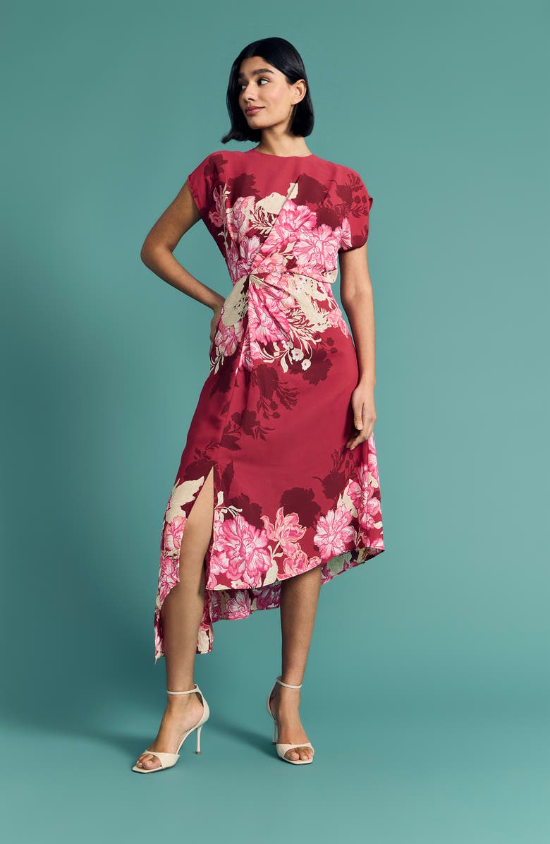 Maggy London Floral Print Asymmetric Midi Dress, Alternate, color, Rose Bud/ Pink Carnation