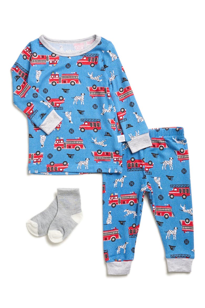 Print Soft Jersey Long Pajamas & Socks Set, Main, color, BLUE