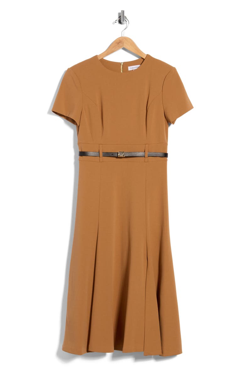 Short Sleeve Belted A-Line Midi Dress, Alternate, color, LUGGAGE