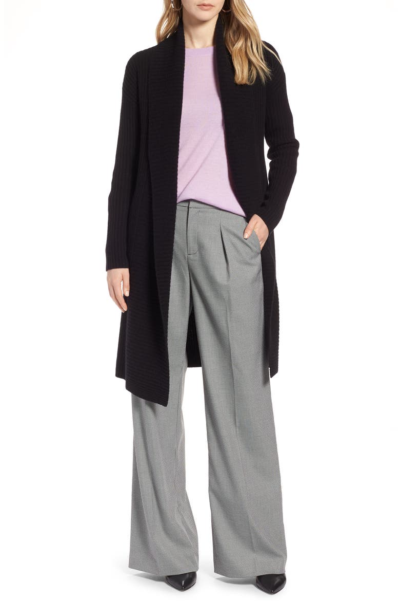 Long Ribbed Cashmere Cardigan, Alternate, color, BLACK