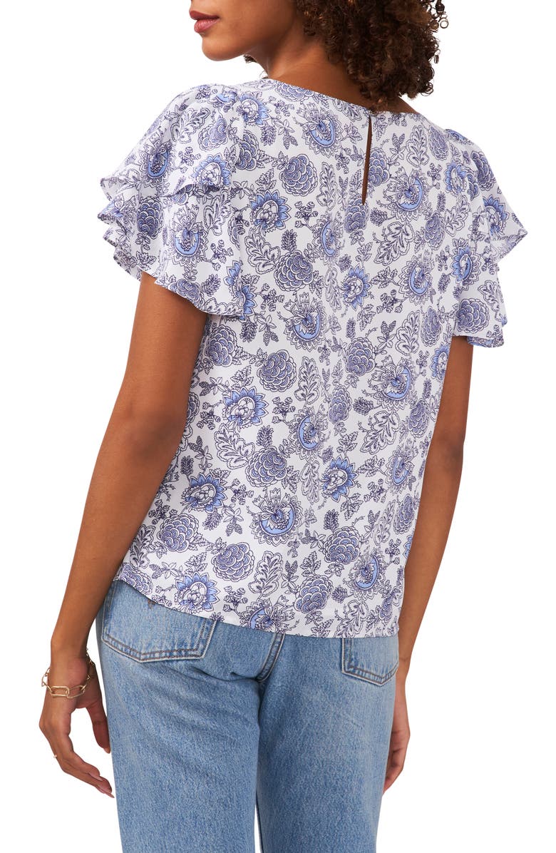 Vince Camuto Floral Print Flounce Sleeve Blouse, Alternate, color, Ultra White