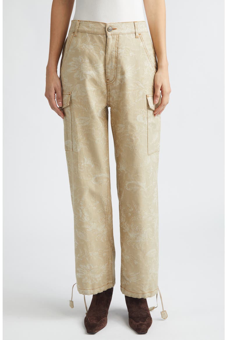 Floral Drawstring Hem Cargo Jeans, Main, color, MULTICOLOR BEIGE BASE