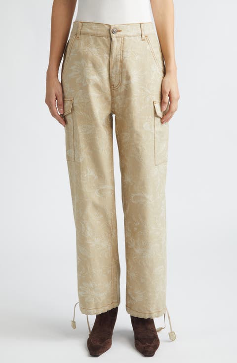 Floral Drawstring Hem Cargo Jeans (Multicolor Beige Base)