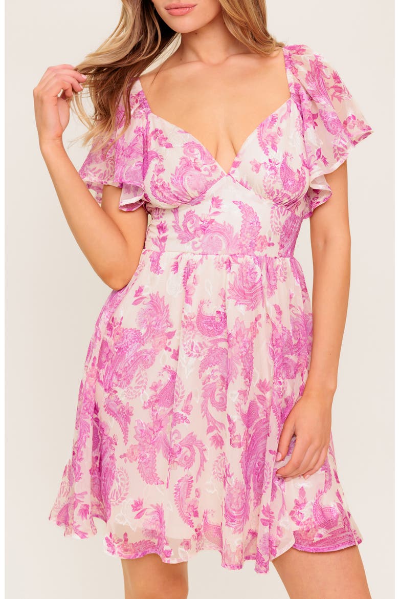Flutter Sleeve Print Midi Dress, Alternate, color, IVORY PINK