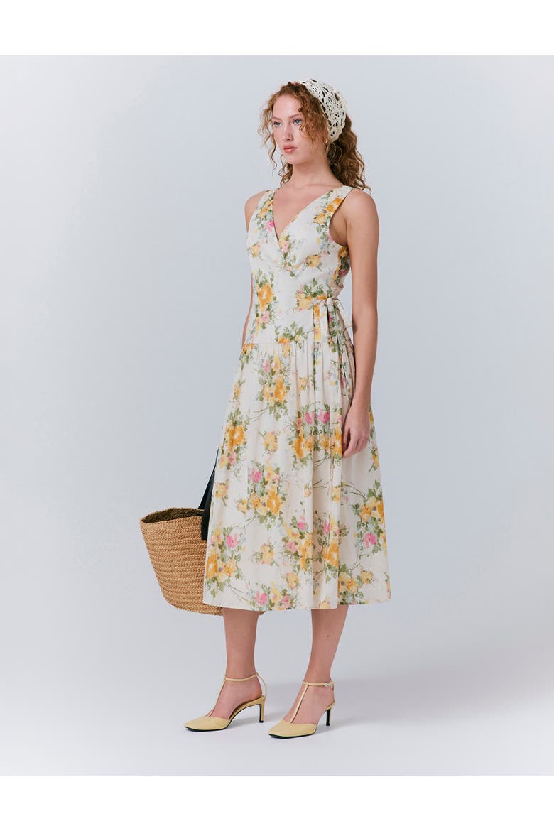 Julia Cotton Floral Midi Wrap Dress, Alternate, color, Yellow Floral