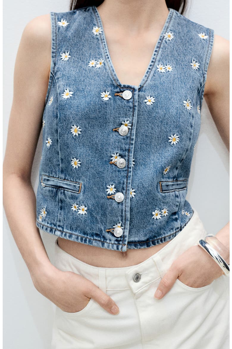 Massy Daisy Embroidered Denim Crop Vest, Alternate, color, MEDIUM BLUE