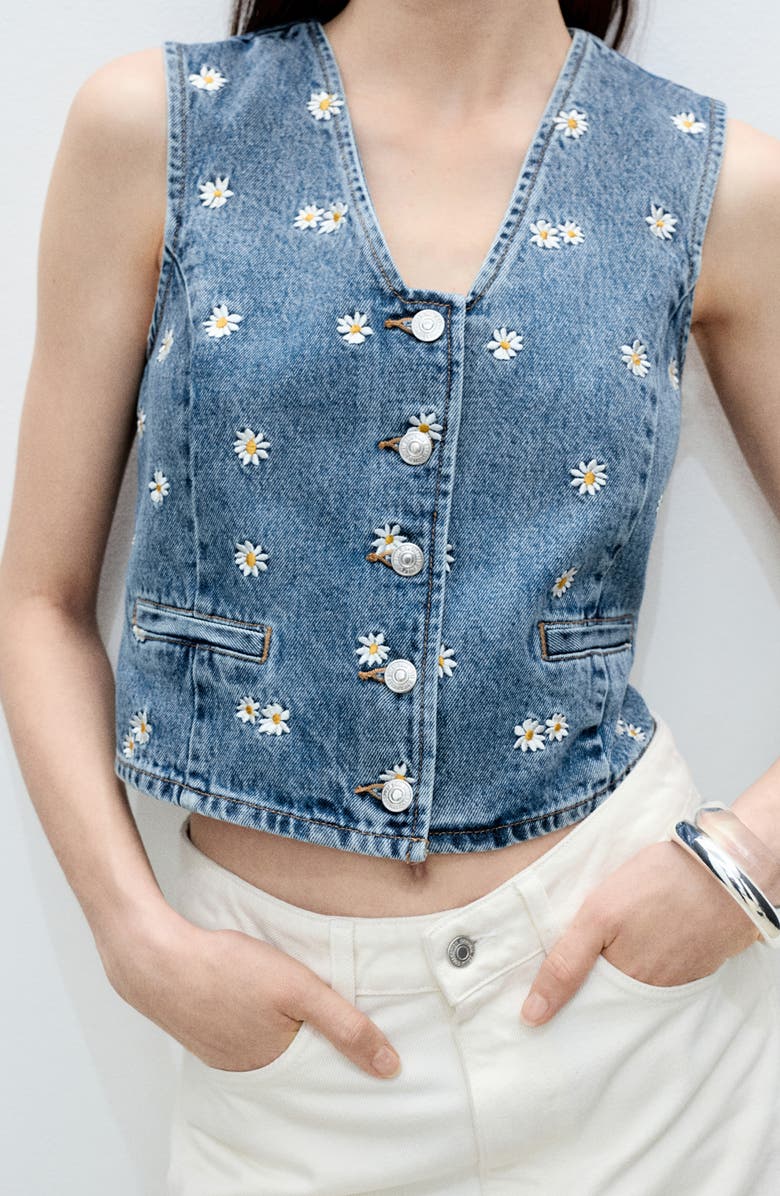 MANGO Massy Daisy Embroidered Denim Crop Vest, Alternate, color, Medium Blue