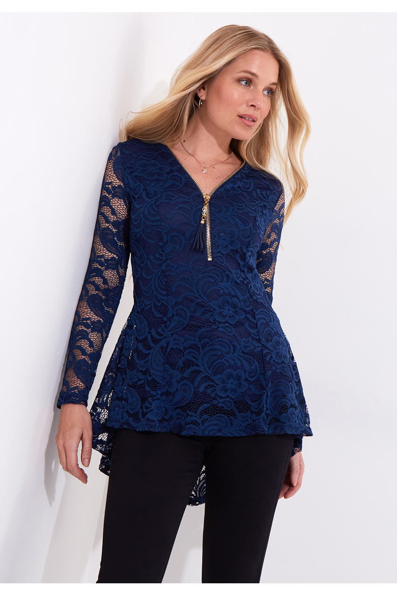 V Neck Zip Lace Tunic, Main, color, EVENING BLUE