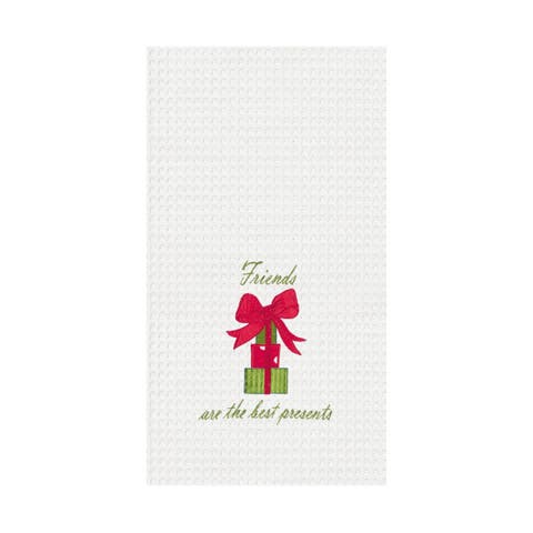 27" x 18" Christmas Presents w/ Red Bow "Friends Are The Best Presents" Red Bow Embroidered Cotton Waffle Weave Kitchen Dishtowel