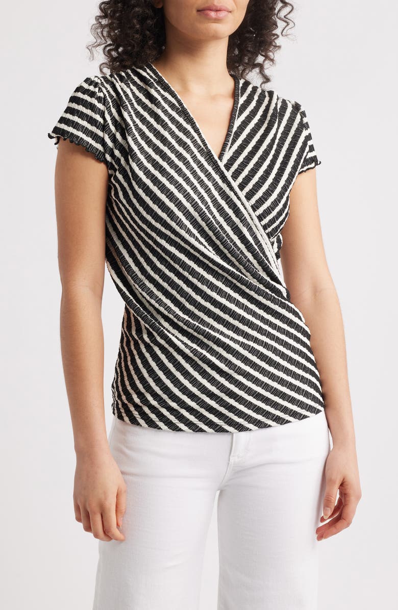 Loveappella Puckered Stripe Wrap Front Top, Main, color, Black