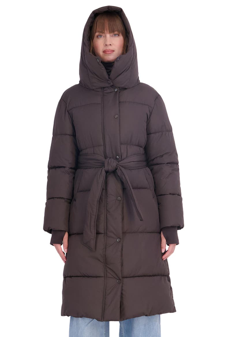 Belted Water Resistant Puffer Coat, Alternate, color, BROWN