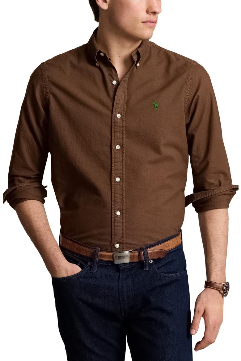 Solid Cotton Oxford Button-Down Shirt, Main, color, CHOCOLATE MOUSSE