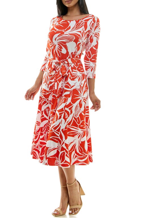 Nina Leonard Crewneck Three-quarter Sleeve Midi Dress In Orange/white