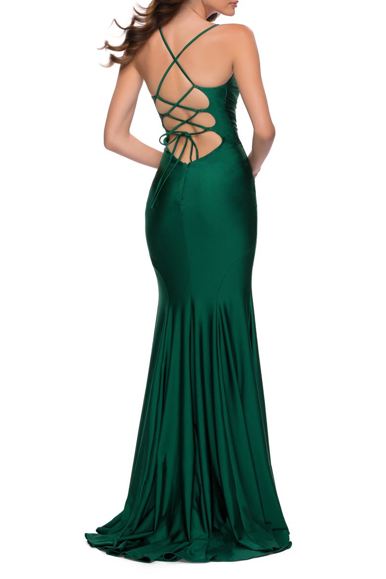 V Neck Jersey Fitted Prom Dress with Tie Up Back, Alternate, color, EMERALD
