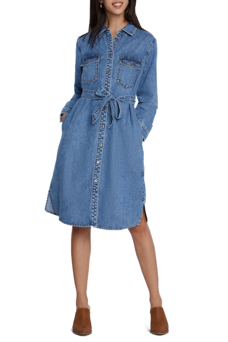 Chloe Long Sleeve Belted Denim Shirtdress, Main, color, BLUE CLOUD