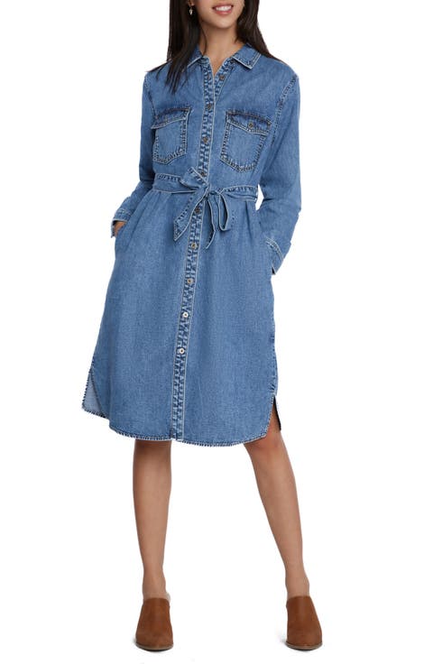 Chloe Long Sleeve Belted Denim Shirtdress