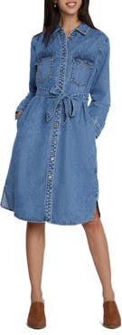 Wash Lab Denim Chloe Long Sleeve Belted Denim Shirtdress