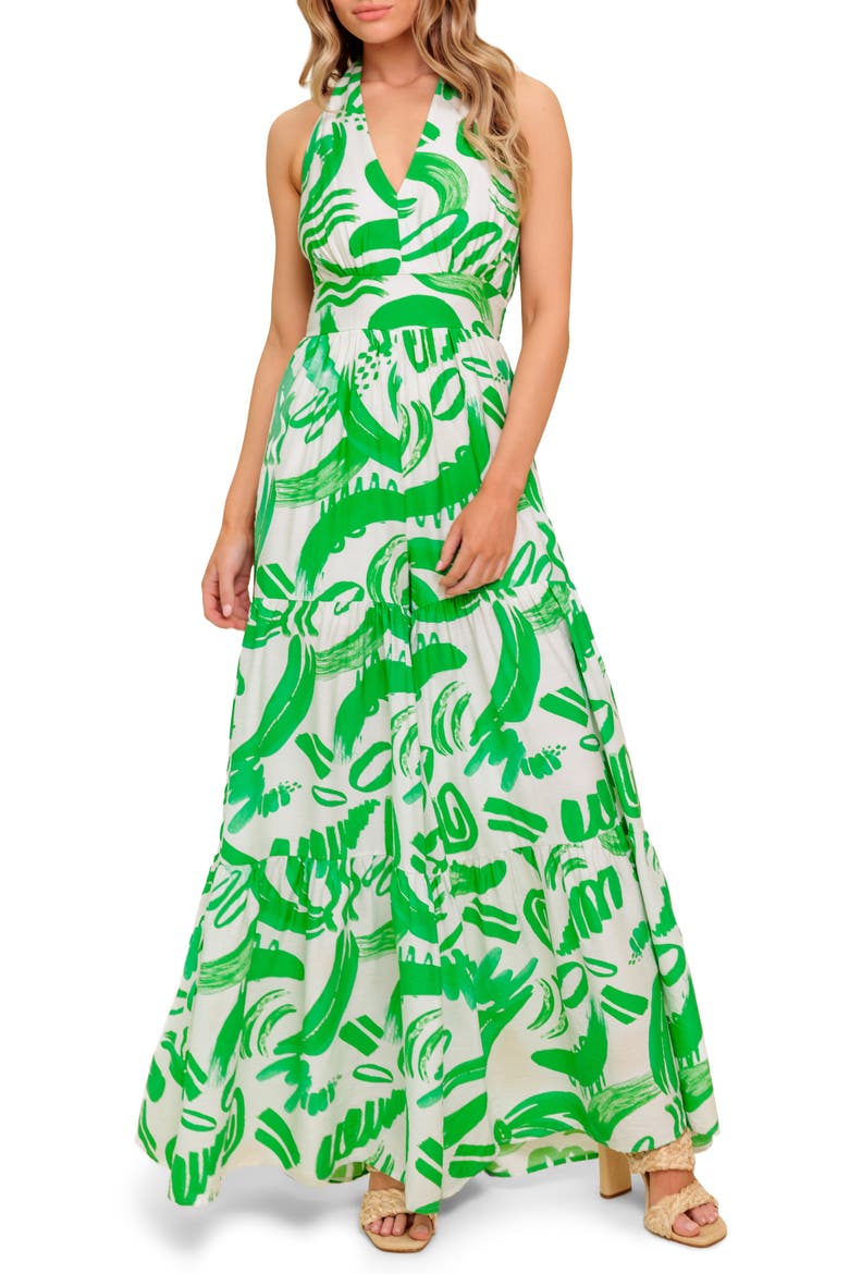 Print Wide Leg Halter Jumpsuit, Main, color, IVORY GREEN