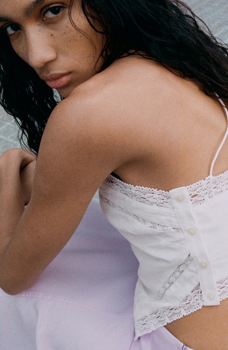 MANGO Lace Trim Asymmetric Halter Neck Top, Alternate, color, Off White