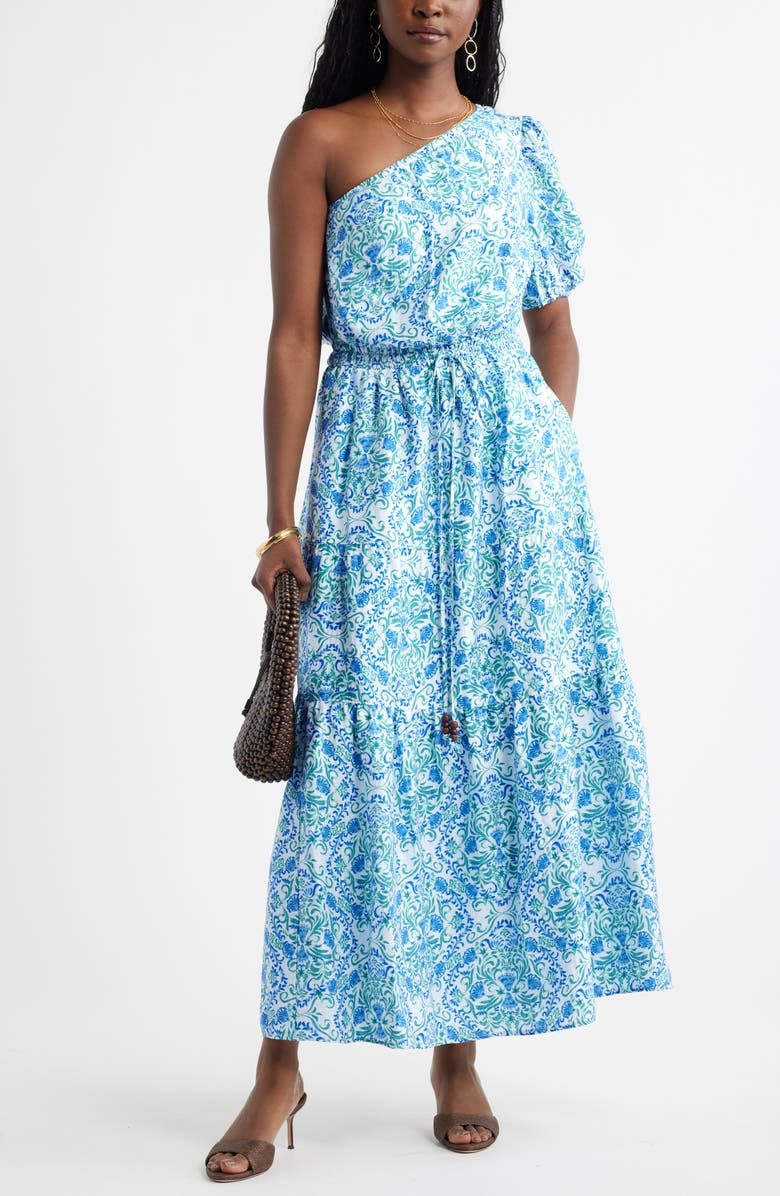 Chelsea28 One Shoulder Floral Print Maxi Dress, Alternate, color, Blue- Green Coastal Medallion