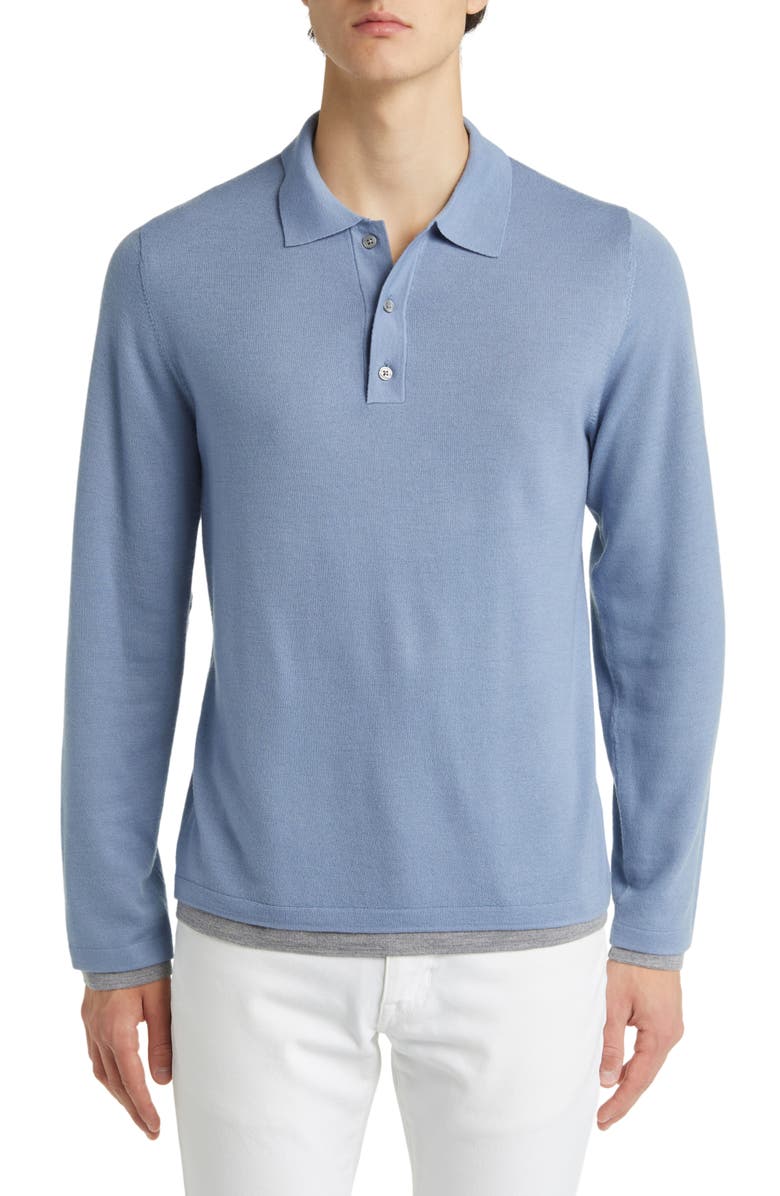 Vince Double Layer Long Sleeve Merino Wool Polo Sweater, Main, color, Pacific Blue/ Heather Grey