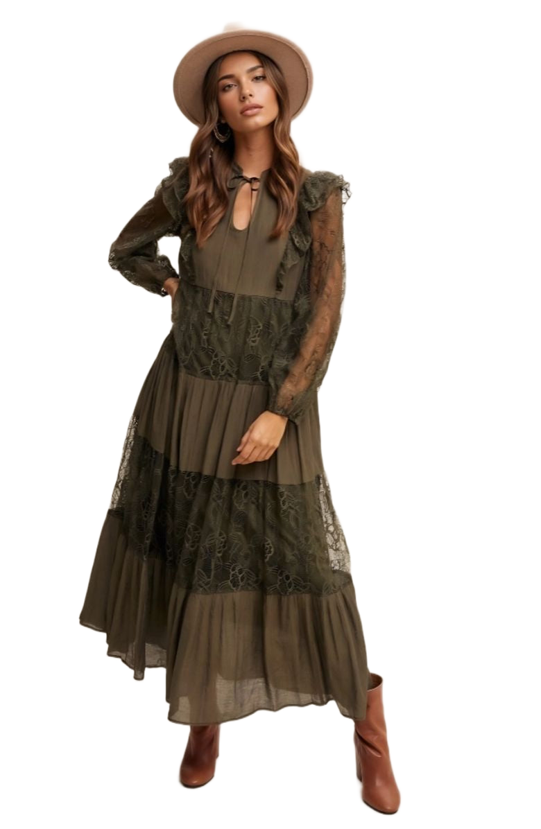 Knit and Lounge Lace Tiered Tie Detail Bishop Sleeve Maxi Dress, Alternate, color, 