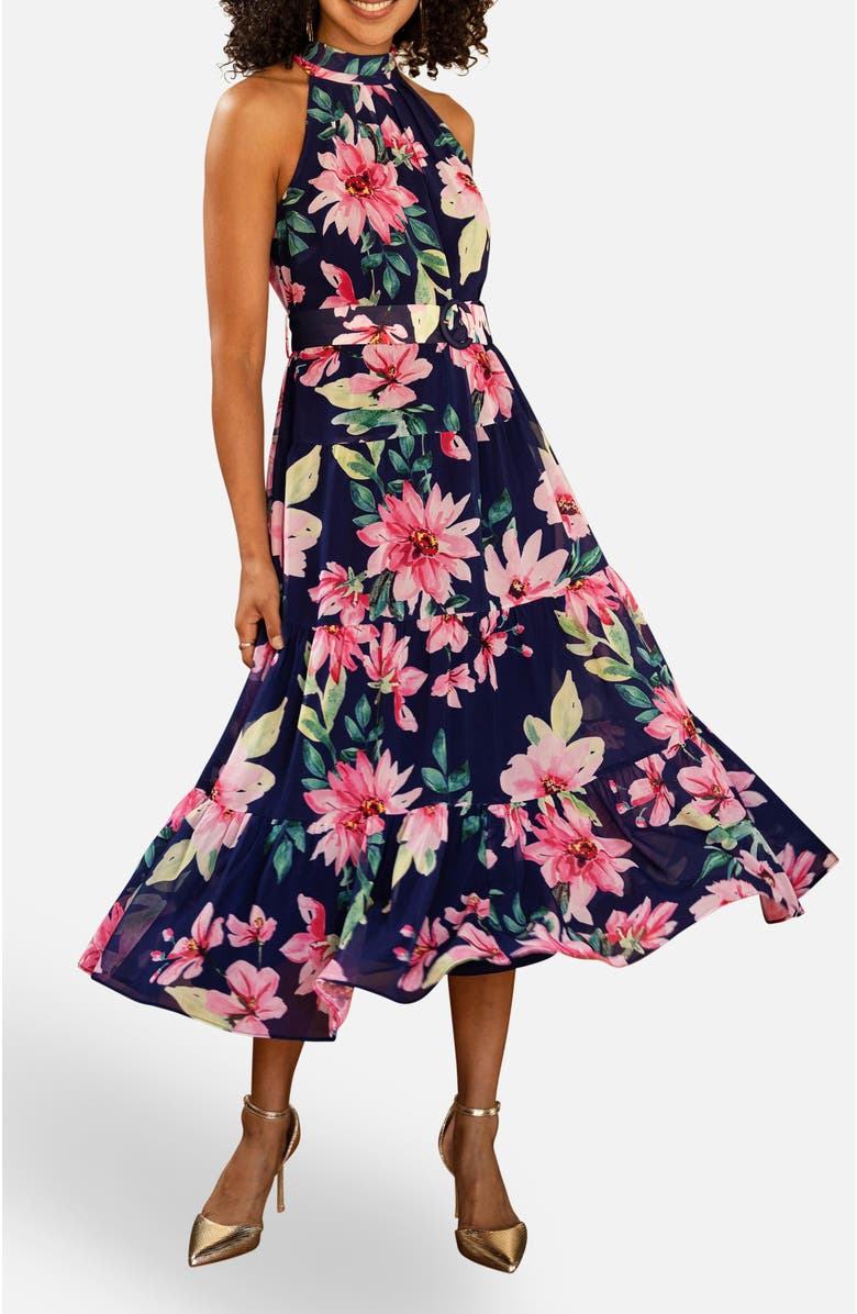 Yumi Floral Halter Neck Midi Dress, Alternate, color, Navy