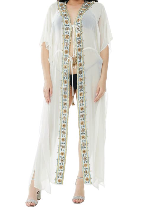 Embellished Mesh Woven Kaftan Coverup