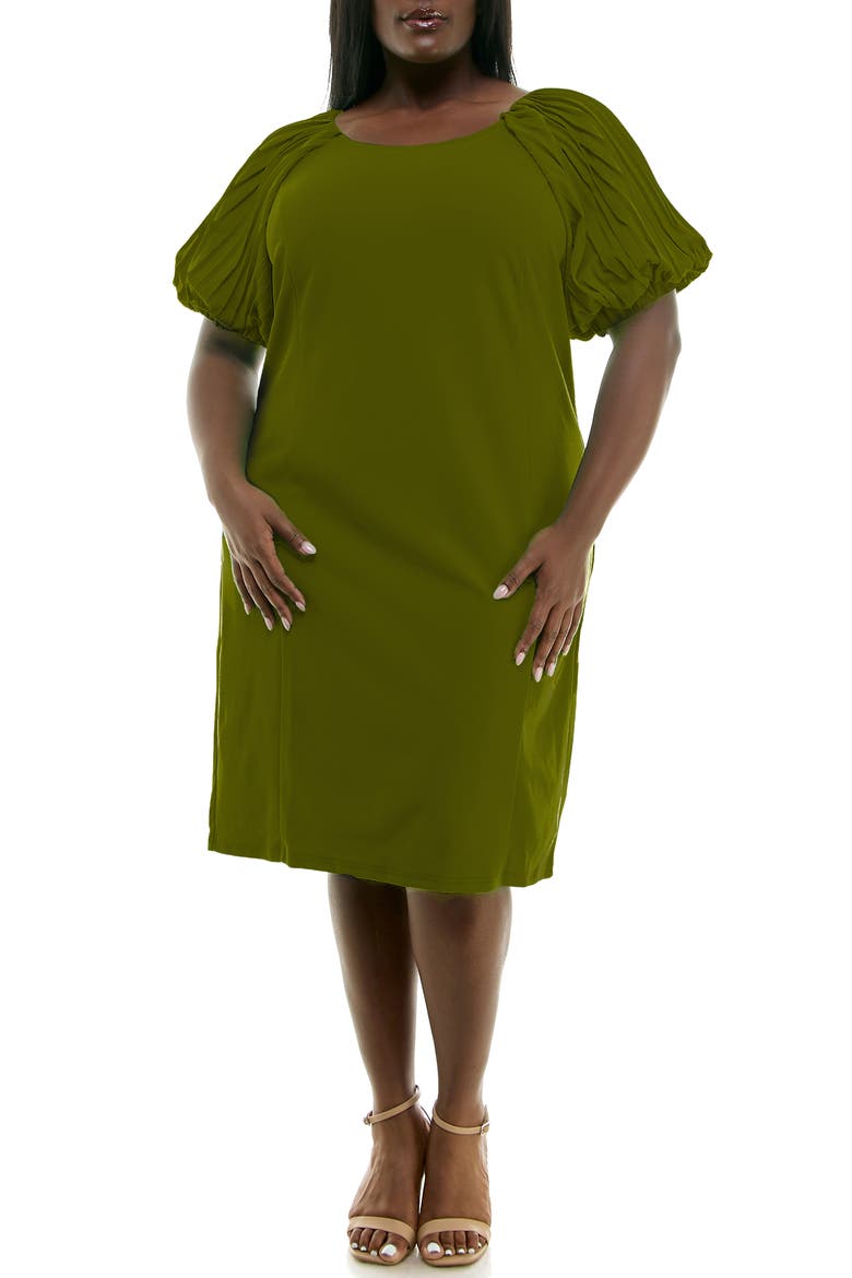 Pleat Puff Sleeve Midi Dress, Main, color, OLIVE BRANCH