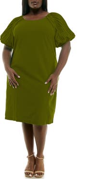 Nina Leonard Pleat Puff Sleeve Midi Dress