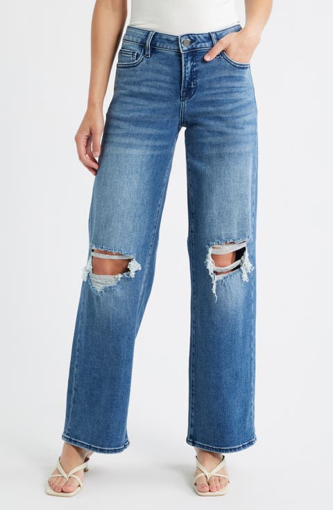 Distressed Mid Rise Wide Leg Jeans (DK Wash)