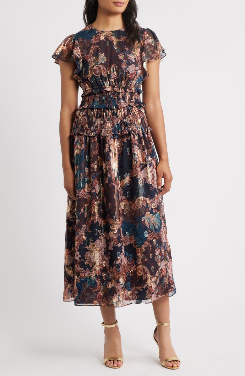 Eliza J Metallic Floral Flutter Sleeve Midi Dress, Main, color, Navy Multi