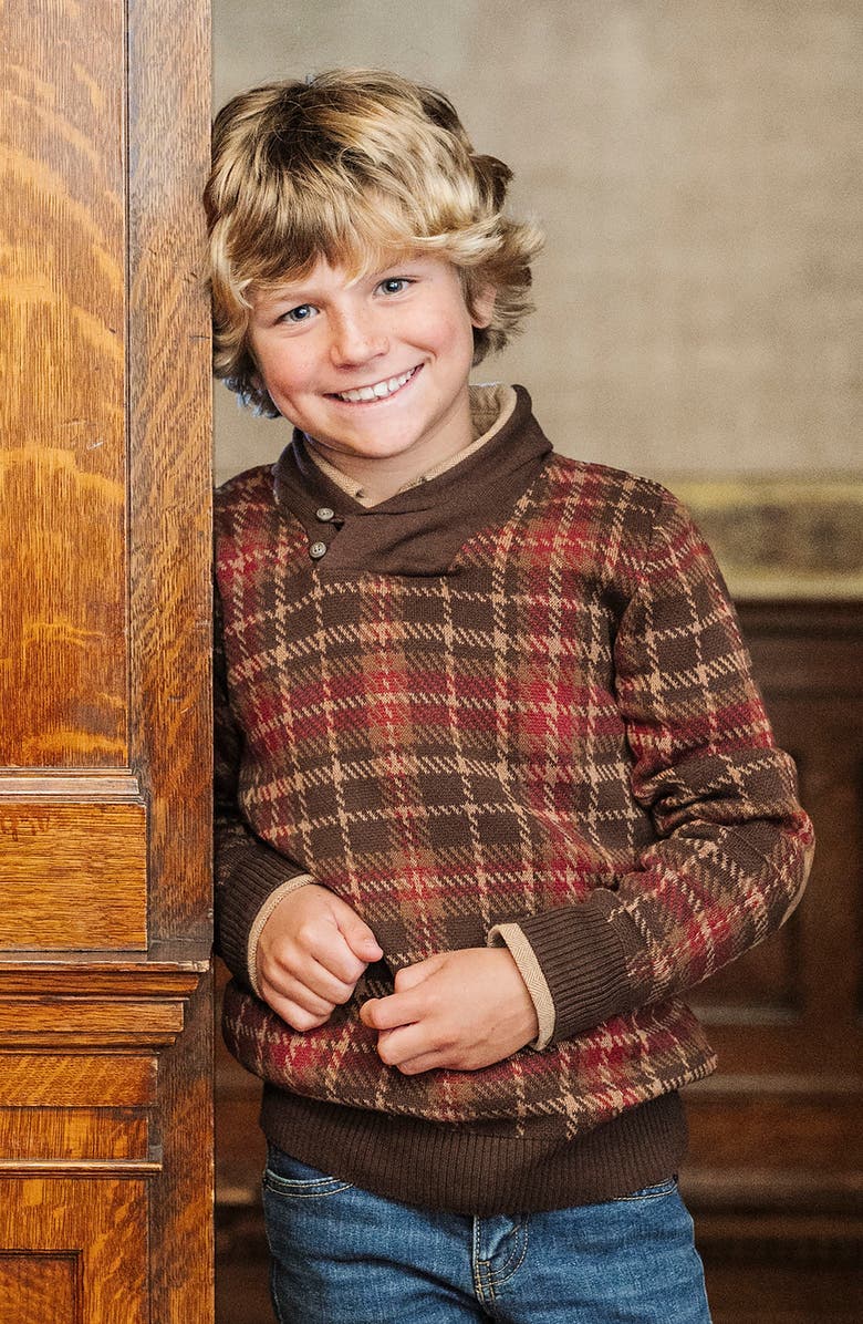 Hope & Henry Kids' Organic Long Sleeve Intarsia Shawl Collar Sweater with Elbow Patches, Alternate, color, 