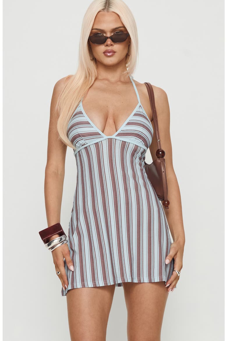 Mishie Stripe Halter Minidress, Alternate, color, BLUE / BROWN STRIPE